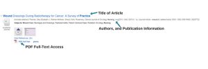 Image with arrows explaining the article record. Title of article is the blue highlighted hyperlink at the top of the record. Directly below the hyperlink is author and publication information. At the end of the record, is the blue hyperlinked PDF Full Text option. 